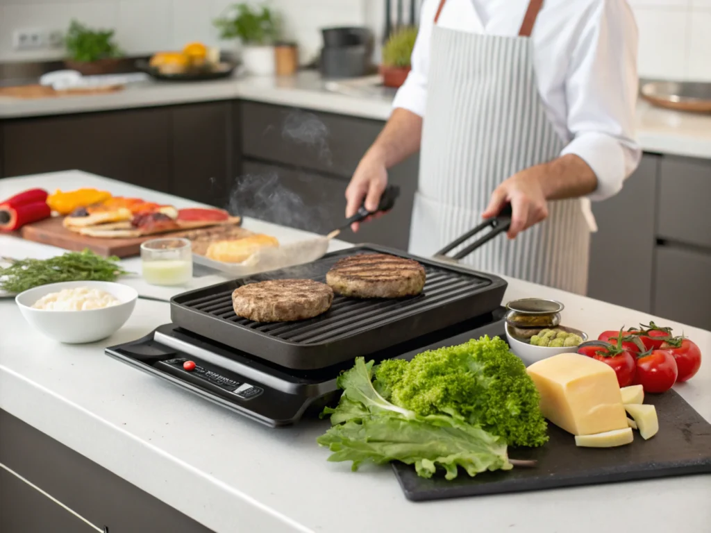 Chef grilling a Domino’s-style burger patty with fresh ingredients on the counter