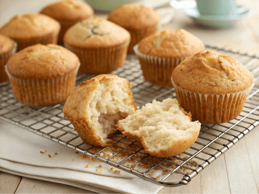 Fluffy muffins on a cooling rack.