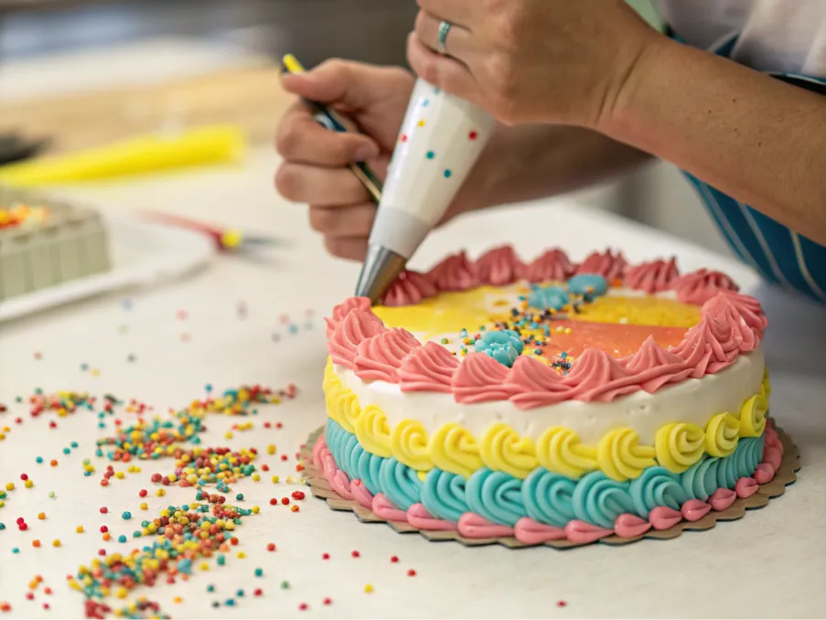 Hands decorating a cake with frosting and sprinkles.