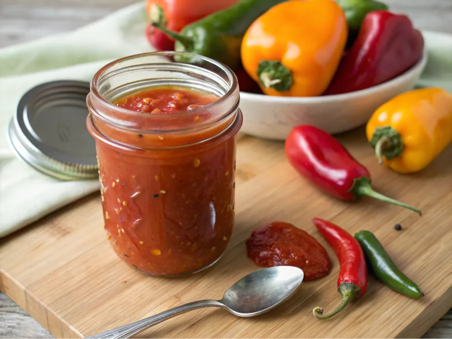 A mason jar filled with freshly made sauce, surrounded by chili peppers and a wooden spoon on a rustic surface.