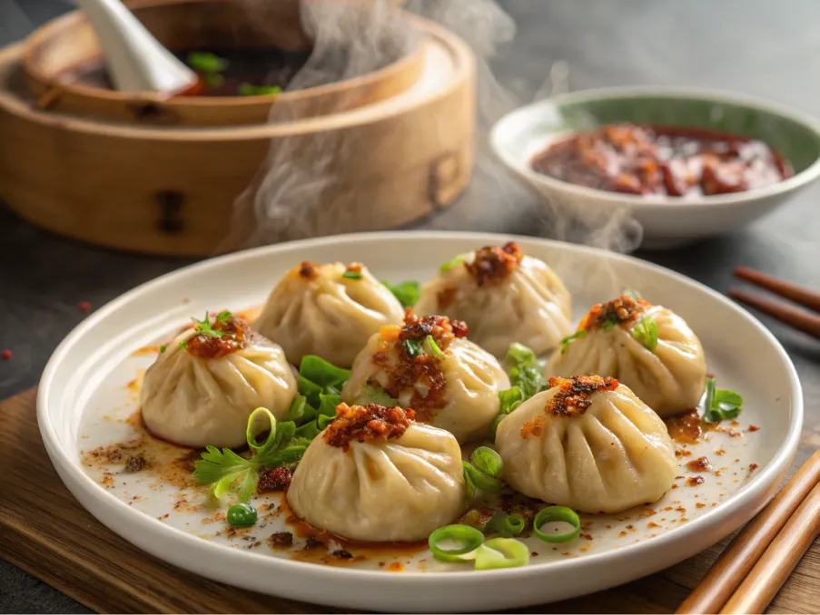 A plate of golden dumplings garnished with chopped scallions and chili oil.