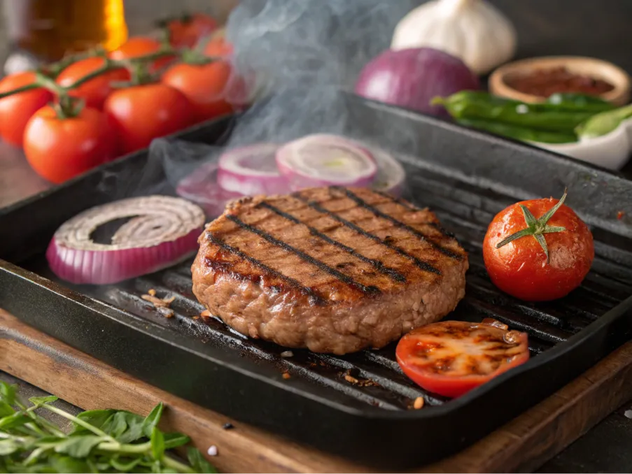 Burger grilling with visible marks and fresh ingredients nearby.