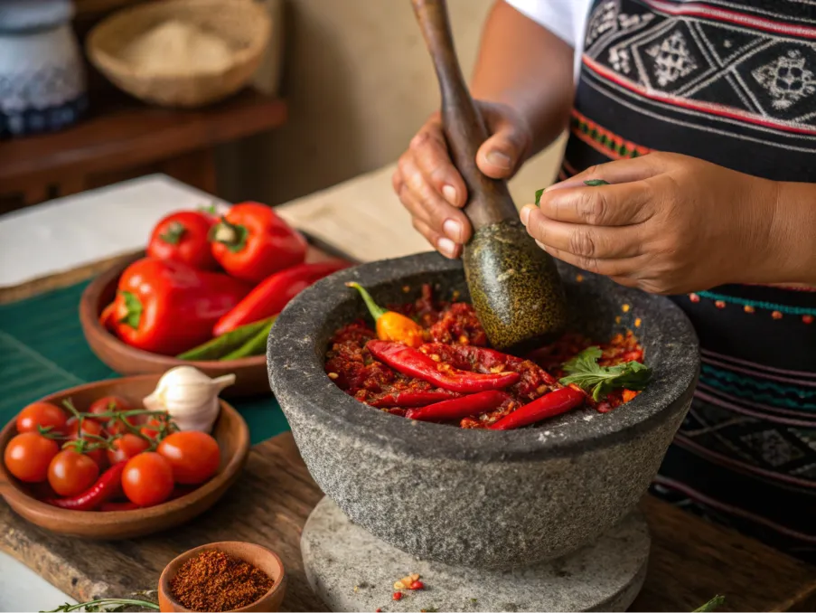 An artisan using a stone molcajete to blend hot sauce.