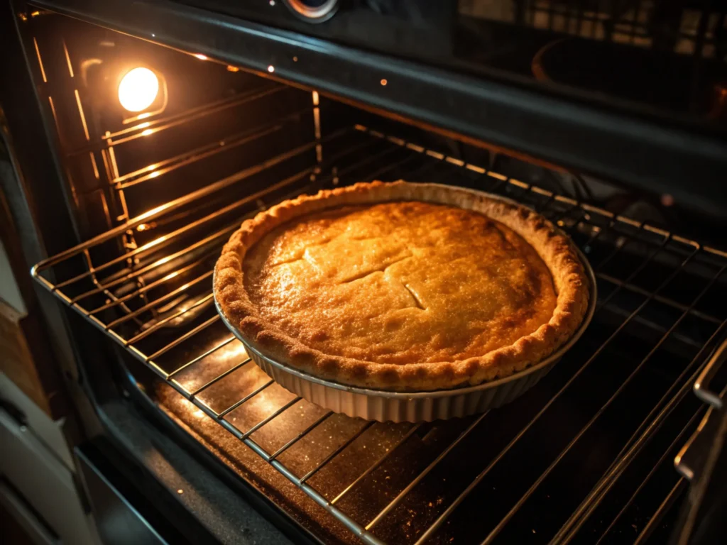 A freshly baked pie in an oven with steam escaping through small slits in the top crust.