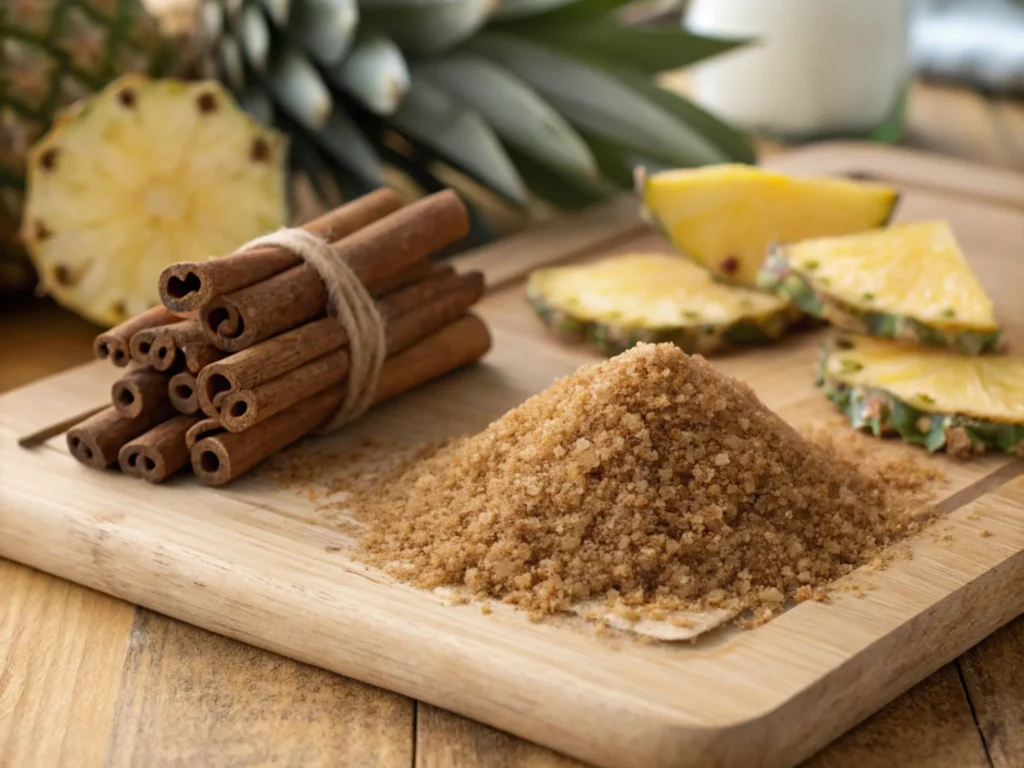 Brown sugar and cinnamon sticks with pineapple in the background.