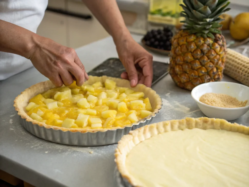 Pouring filling into the crust