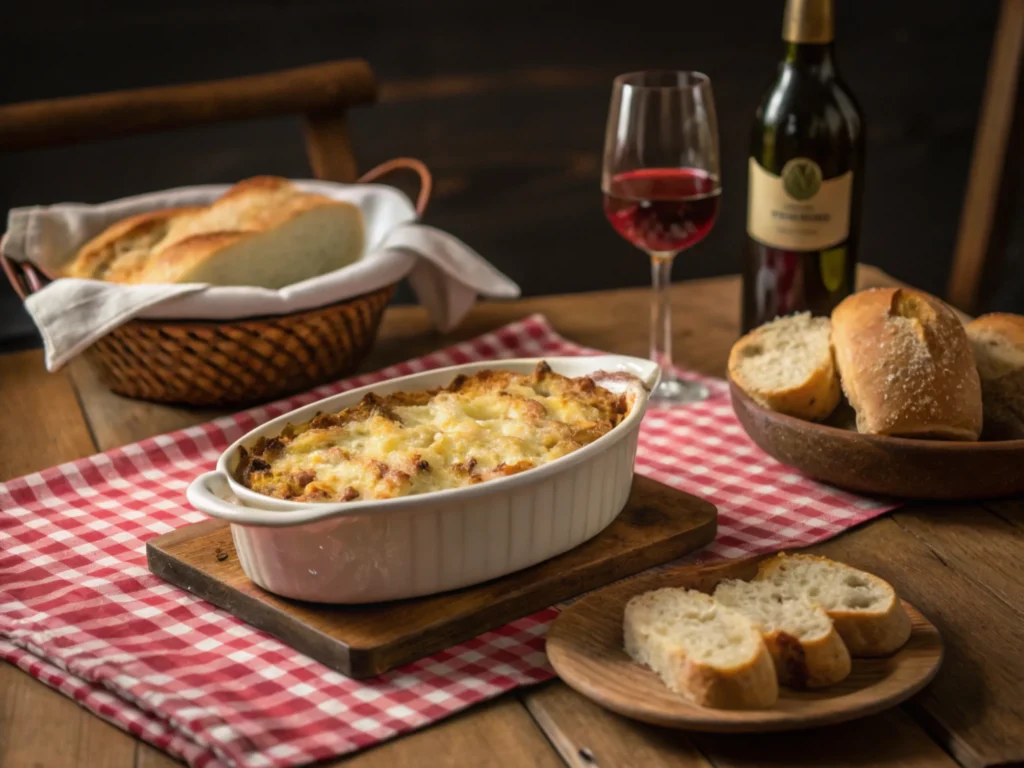 Rustic dining setup with casserole, bread, and wine