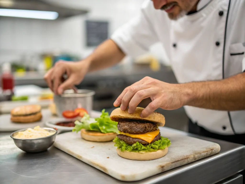 Chef preparing a Domino's burger in a halal-certified kitchen