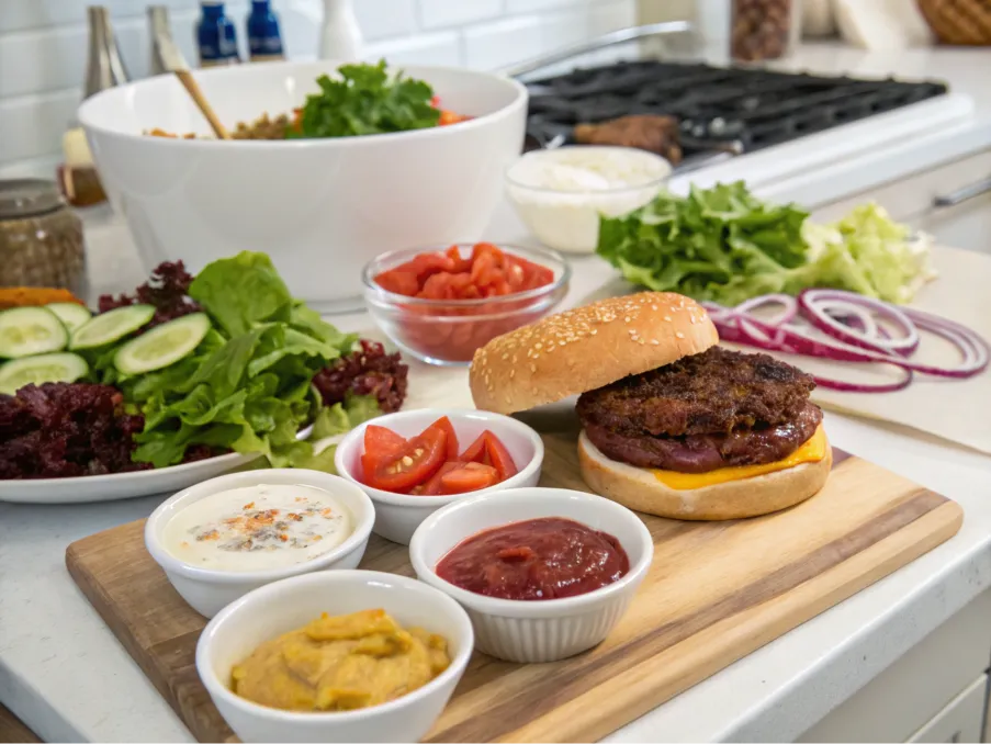 Ingredients including a patty, sauces, and toppings on a kitchen counter.