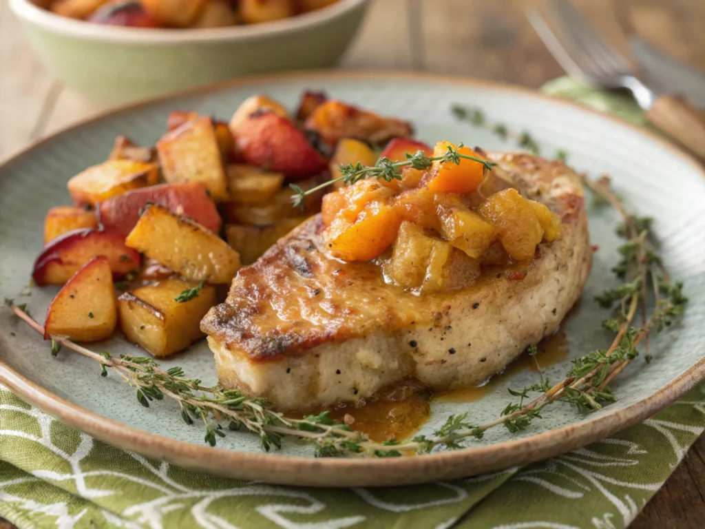 Pork served with roasted vegetables and sauce