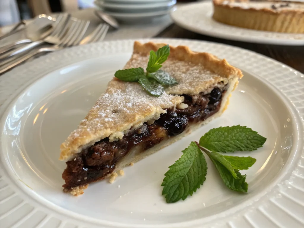 A close-up of a dessert slice on a white plate, showing its rich, glossy filling and flaky crust.