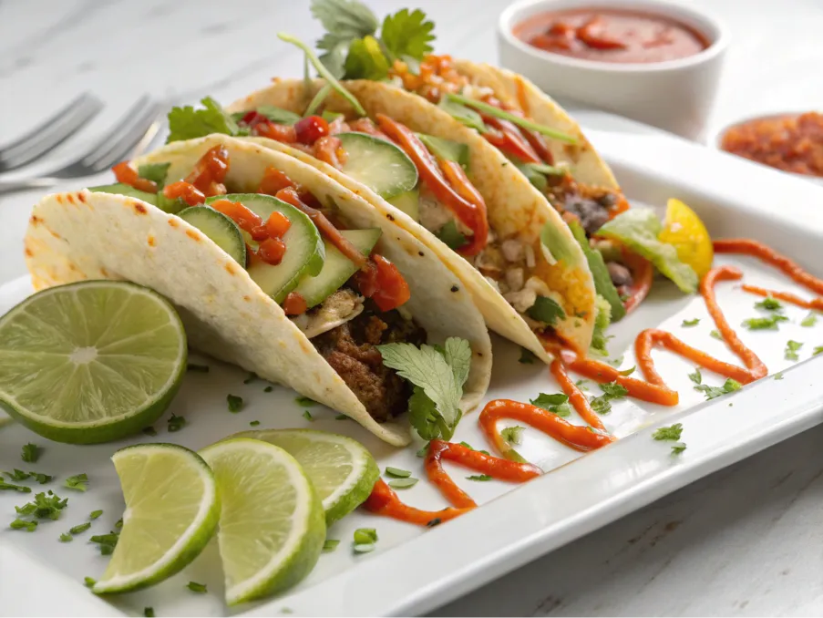 Tacos garnished with lime and a vibrant sauce drizzled artistically.