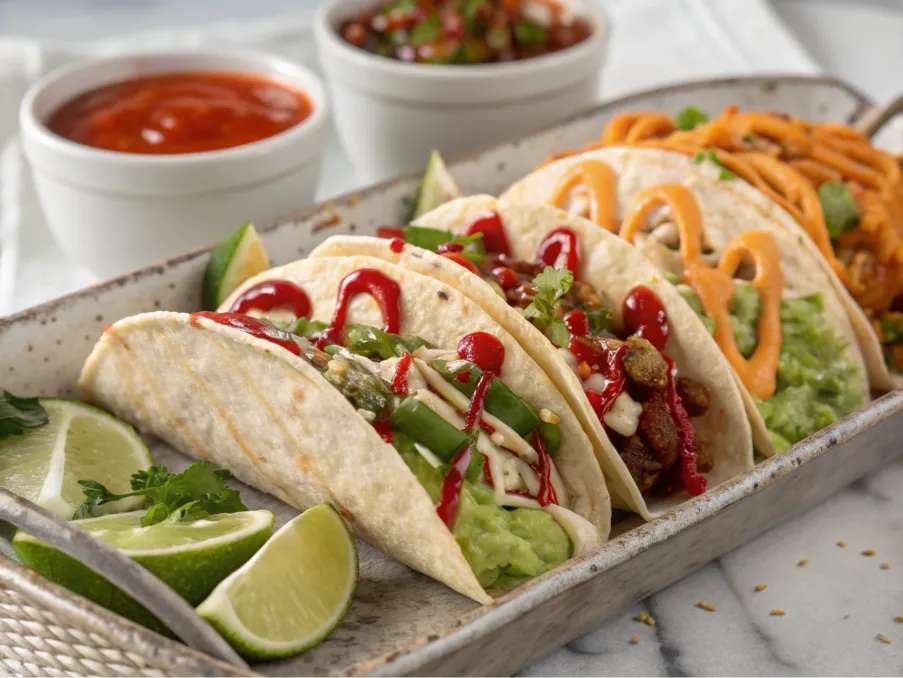 A platter of tacos with assorted sauce drizzles, garnished with herbs and lime wedges.