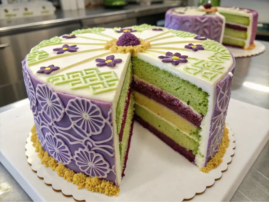 Ube, matcha, and vanilla fusion cake.