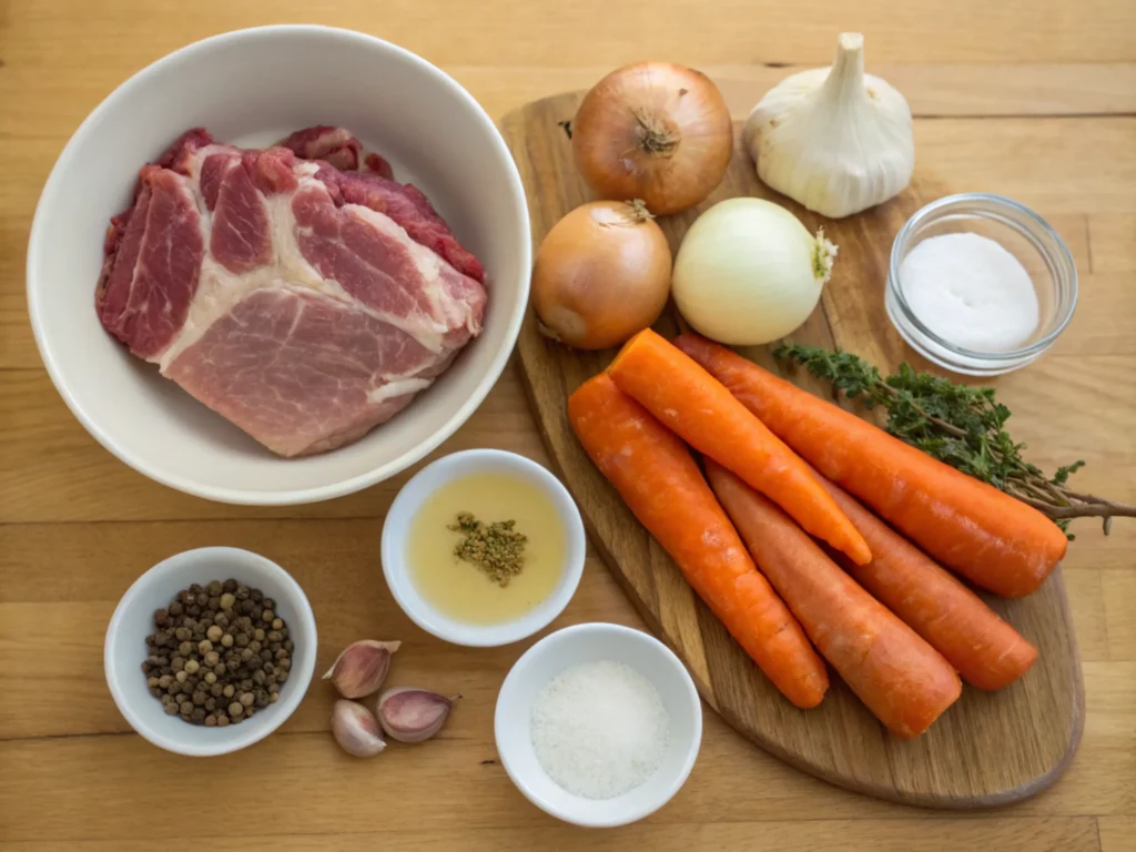 Ingredients for a pork casserole laid out on a table