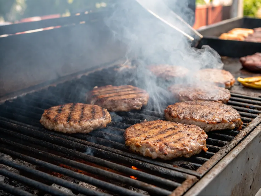 Patties grilling on a barbecue with visible smoke and char marks.