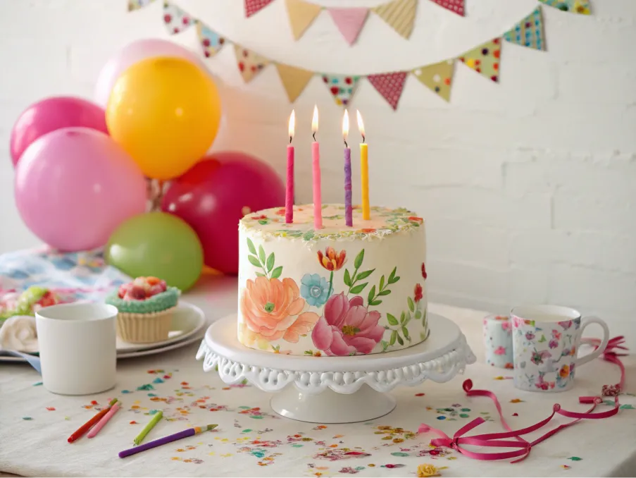 Birthday table with floral watercolor cake centerpiece.