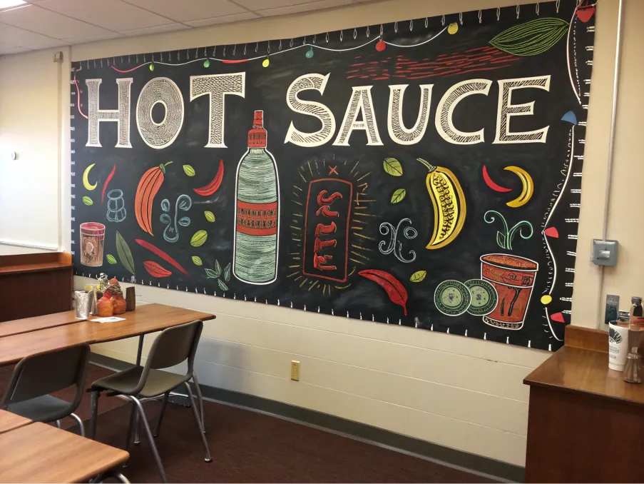 A chalkboard-style graphic displaying questions and chili-themed illustrations.