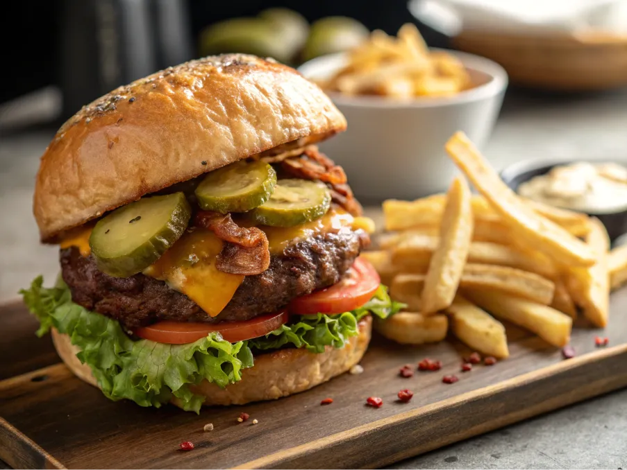 A dish served with crispy fries under warm lighting.