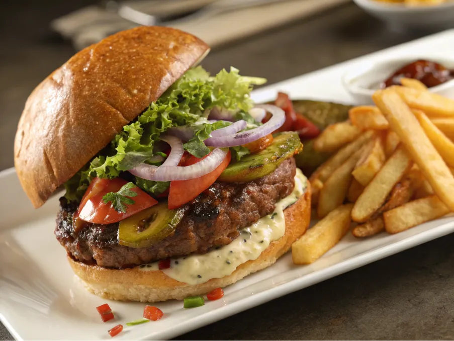 A plated patty with toppings and a side of fries.
