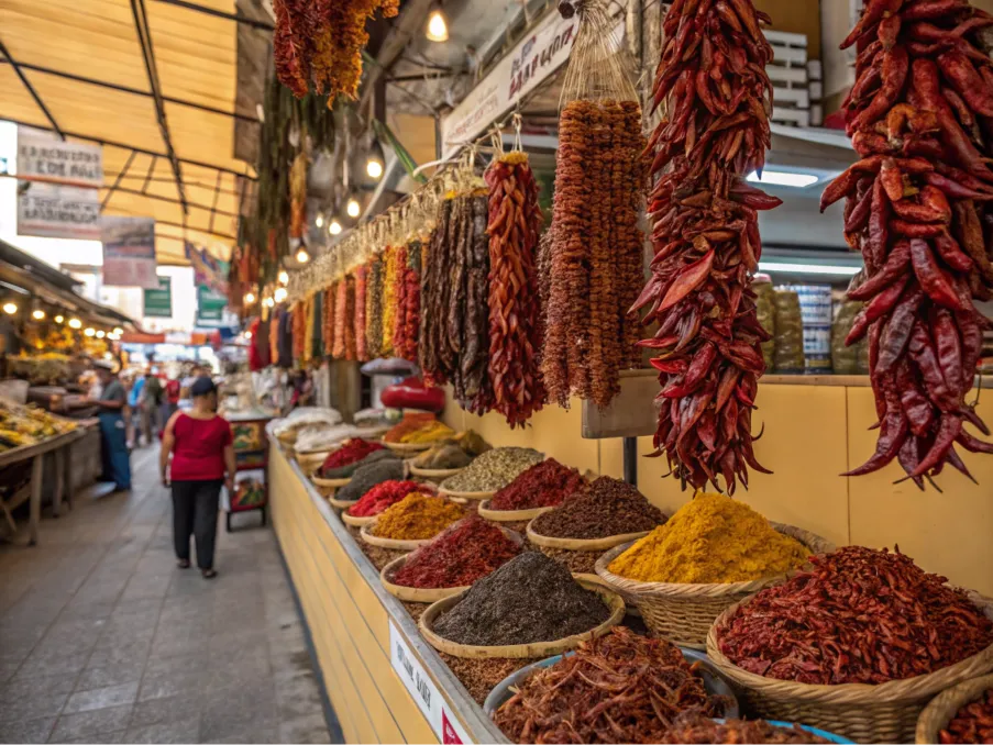 A spice market stall displaying a variety of dried chilies used for sauces.