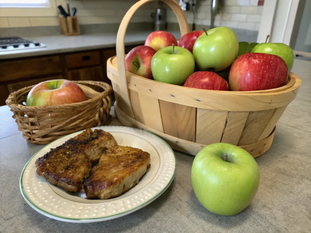 Fresh apples in a basket with a plated dish nearby