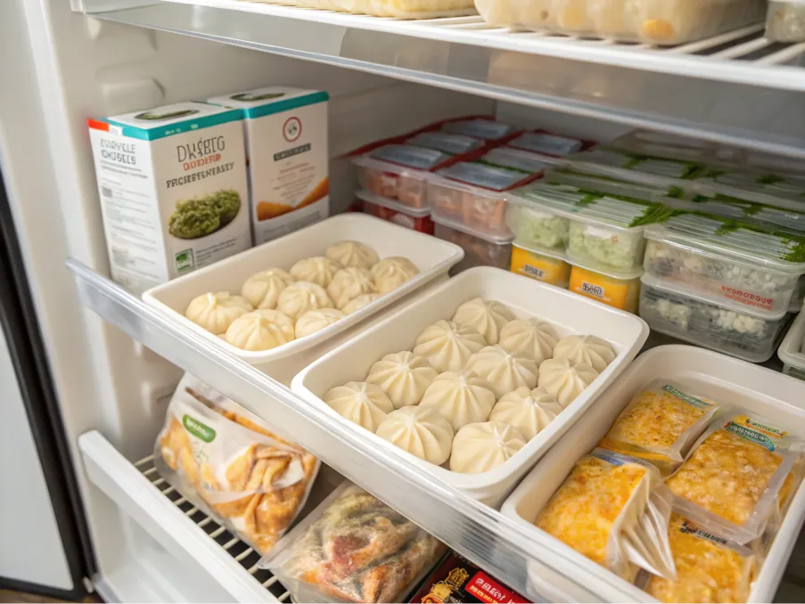 Trader Joe’s frozen foods neatly organized in a pantry.