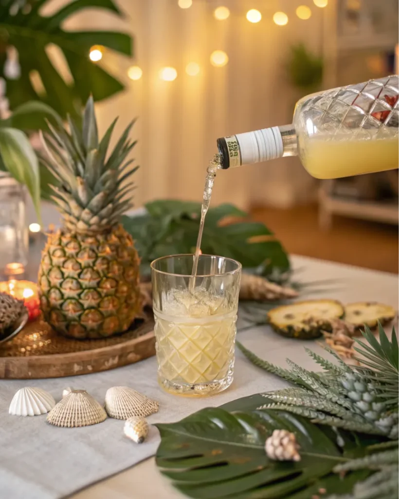 A creative presentation of a tropical drink in a frosted glass, surrounded by fresh ingredients and decorative accents