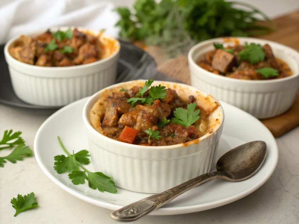 A serving of casserole in an individual bowl, topped with parsley