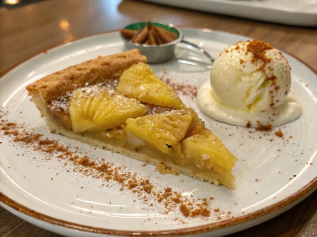 Pie slice with ice cream and mint