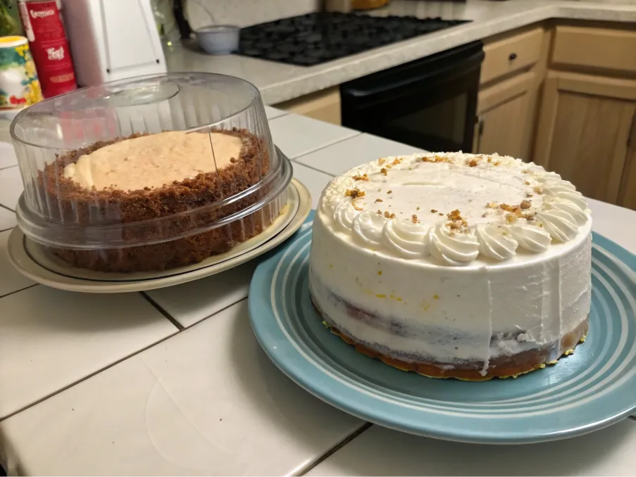 Comparison of a store-bought cake and a homemade cake side by side.