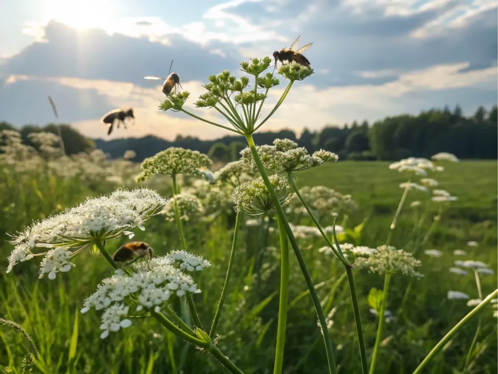 Bees gathering nectar from delicate white flowers in a sunlit meadow.