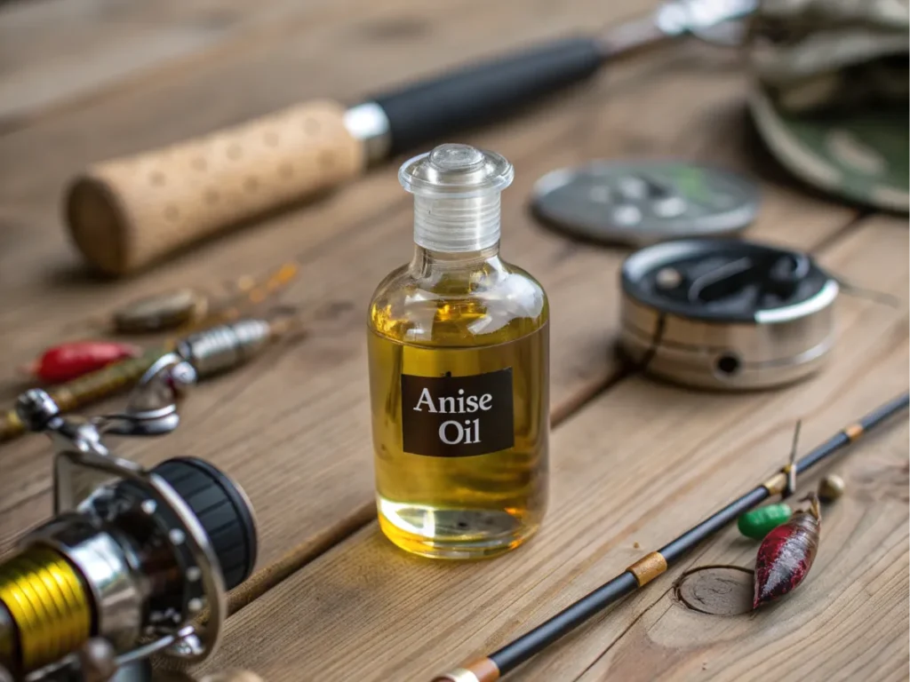 A glass bottle of anise oil next to fishing tools.