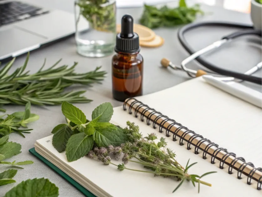 A bottle next to a journal and fresh herbs on a modern desk.