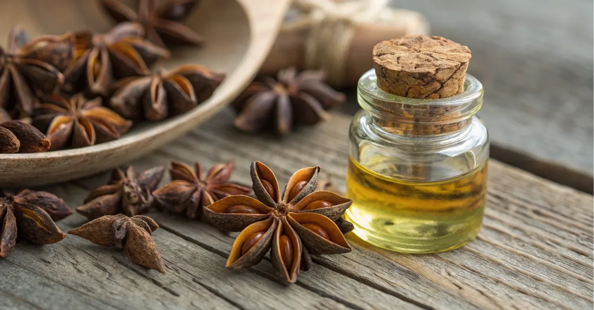 A glass jar of anise oil surrounded by star anise pods.