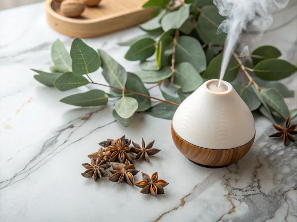 Oil diffuser with anise pods and eucalyptus leaves.