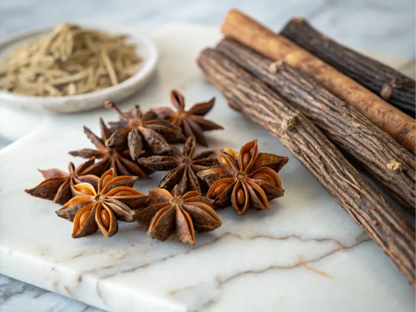 Star anise pods and licorice roots displayed side by side