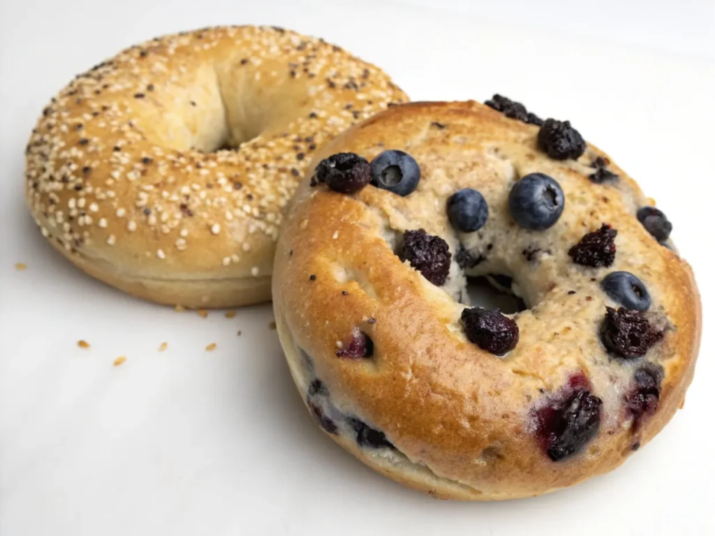 A traditional blueberry bagel next to a whole-grain version.