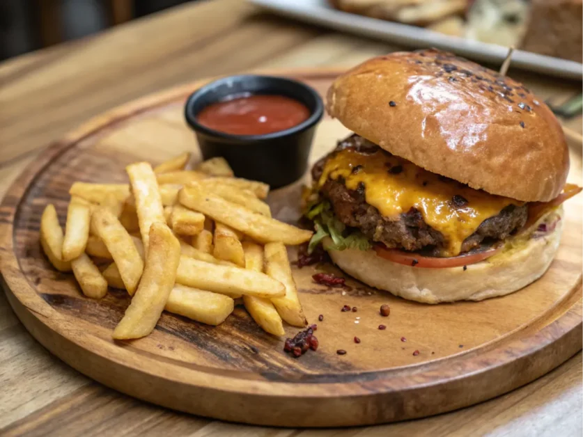 A sandwich served with fries and sauce on a wooden plate.