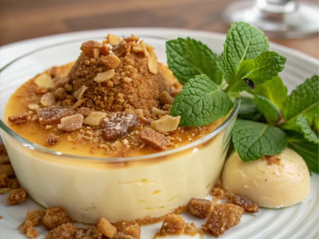 A dessert topped with crushed toffee and mint leaves.