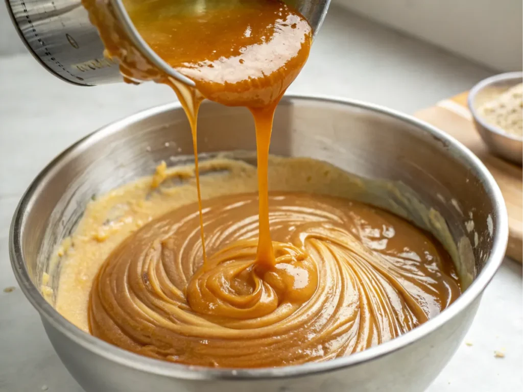 Butterscotch syrup being poured into a bowl for mixing.