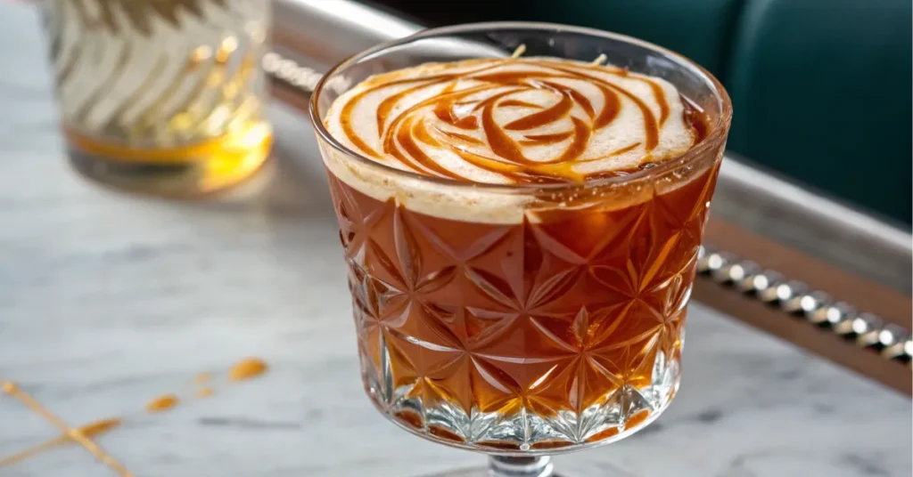 Close-up of a caramel vodka cocktail garnished with a caramel swirl.