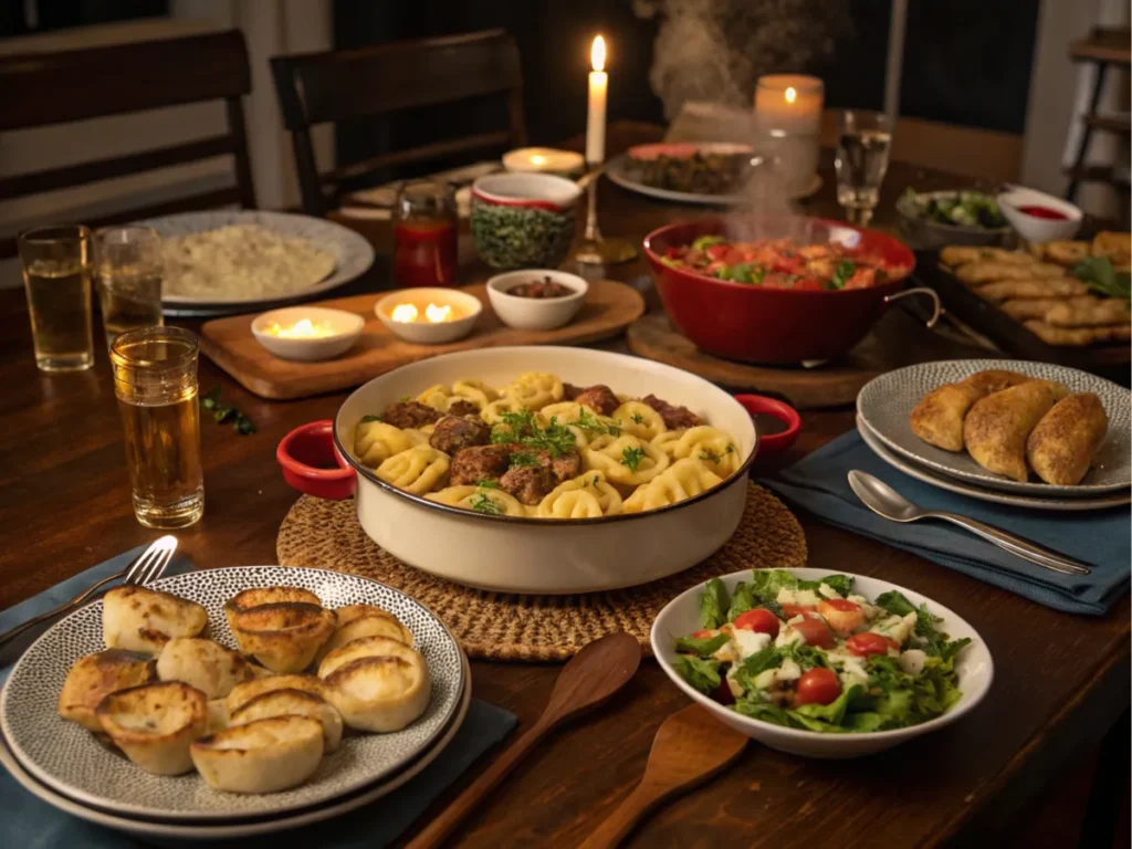 Dinner table with a centerpiece surrounded by side dishes.