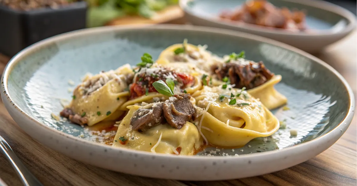 A close-up of cheesesteak tortellini plated with natural lighting.