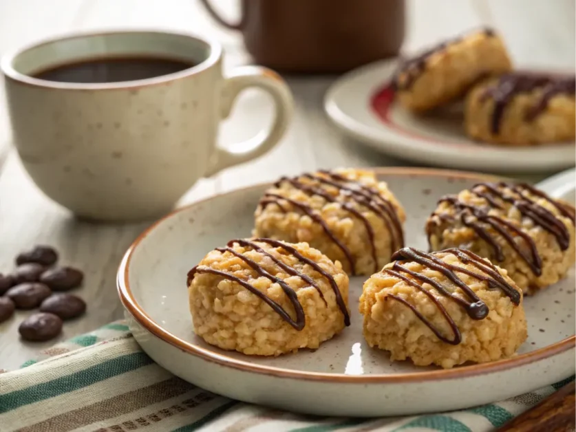 Krispie biscuits with chocolate drizzles served on a ceramic plate.