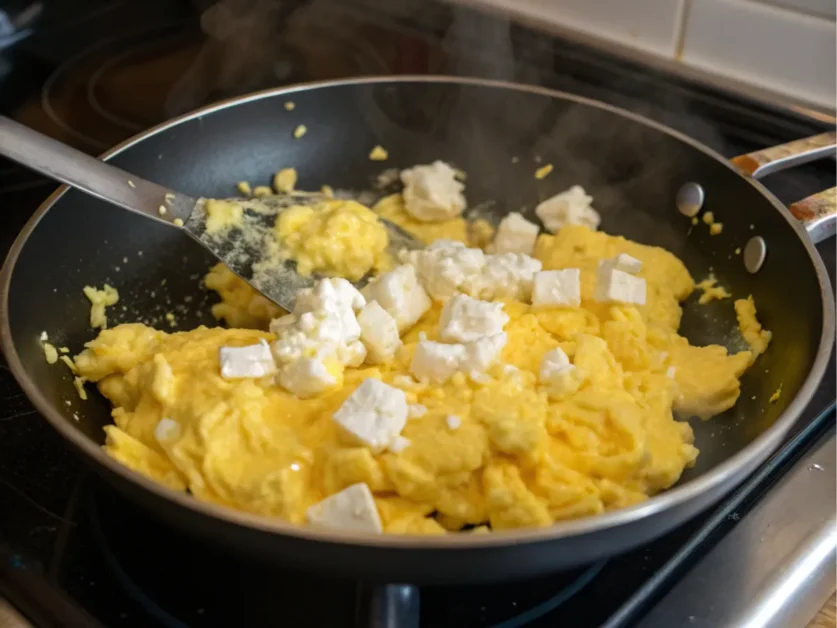 Scrambled eggs cooking in a skillet with cottage cheese.