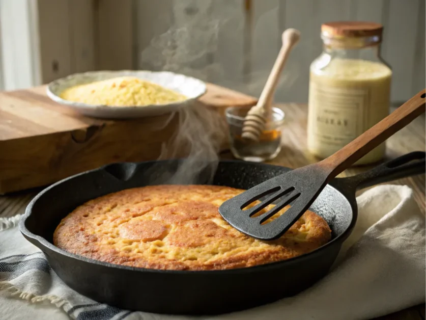 A golden-brown Journey Cake cooking in a cast iron skillet with a spatula ready to flip it.