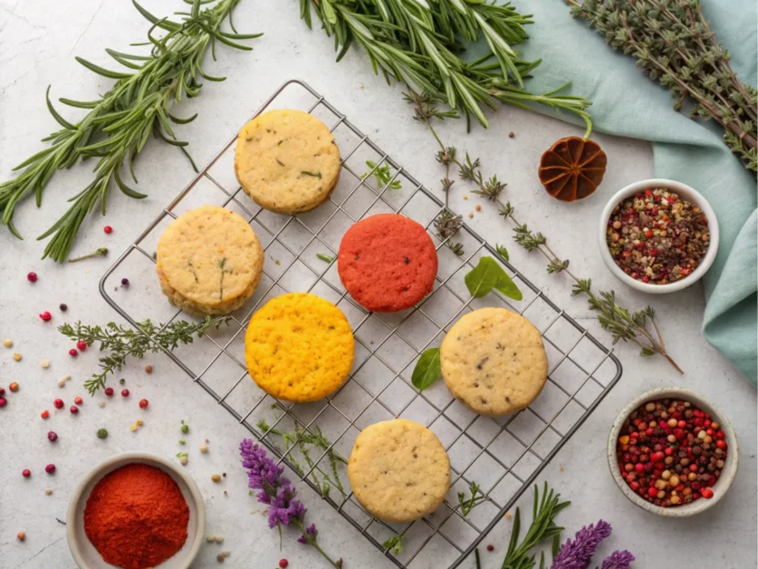 Baked goods cooling on a rack with herbs nearby.