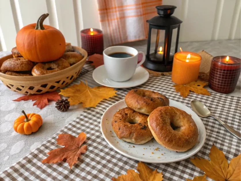 Breakfast table setup with baked goods and coffee.