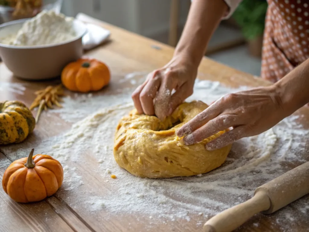 Pumpkin bagel dough being shaped on a wooden surface.